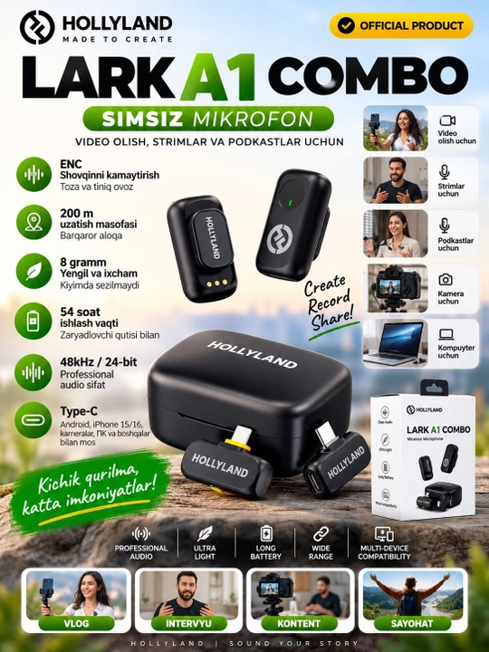 Hollyland Lark A1 combo simsiz mikrofon 2dona eng shovqin kamaytirish 200m 54 soat - 