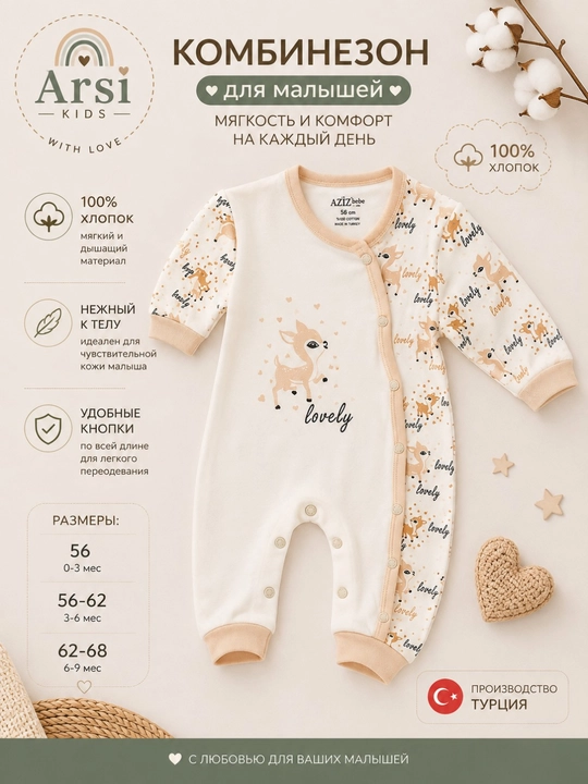 Комбинезон нательный Arsi KIDS, хлопковый, на кнопках, для новорожденных, Турция - 