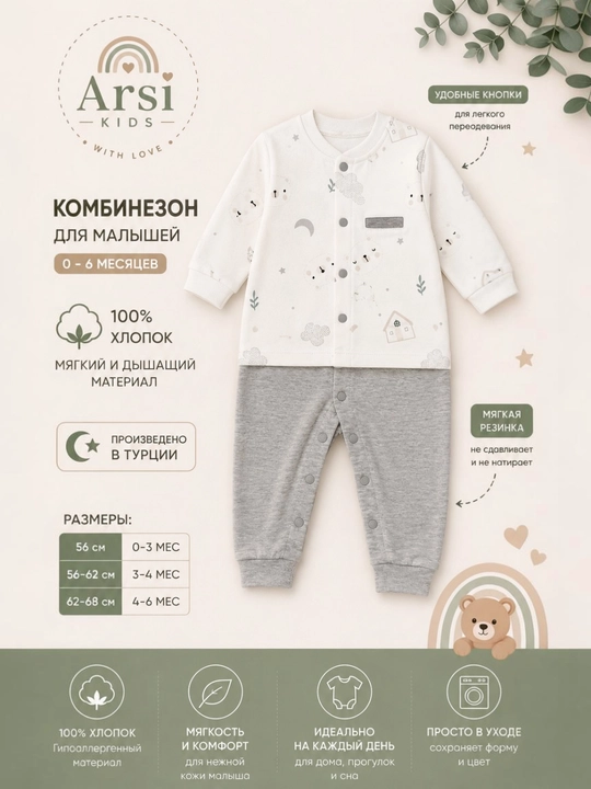 Комбинезон нательный Arsi KIDS, хлопковый, на кнопках, для новорожденных, Турция - 