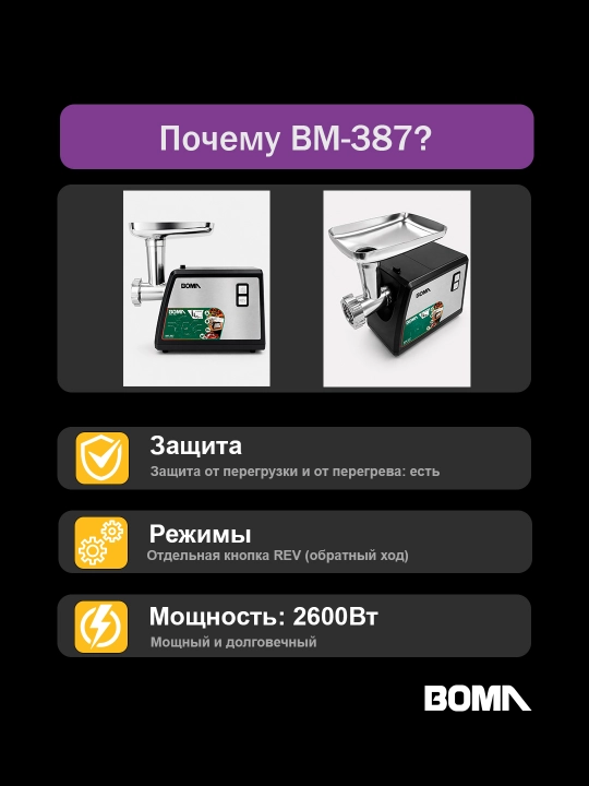 Мясорубка 4в1, BOMA электрическая 2600 Вт, реверс, насадка для колбас, (BM-387 и BM-384)