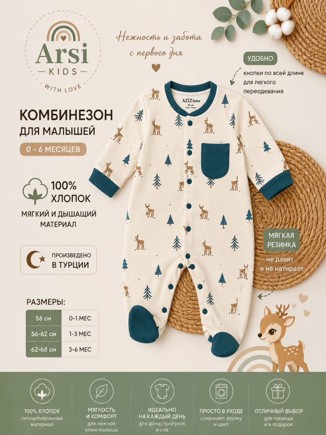 Комбинезон нательный Arsi KIDS, хлопковый, на кнопках, для новорожденных, Турция - 