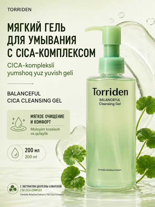 Yumshoq gel yuvinish uchun, CICA-kompleksi bilan Torriden Balanceful Cica Cleansing Gel - 