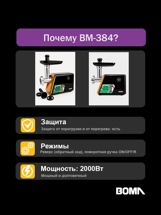 Мясорубка 4в1, BOMA электрическая 2600 Вт, реверс, насадка для колбас, (BM-387 и BM-384)