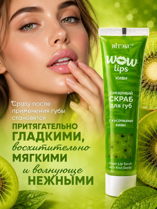 WOW LIPS lablar uchun skrab, kivi bo‘laklari bilan, shakarli, 15 ml, Vitex