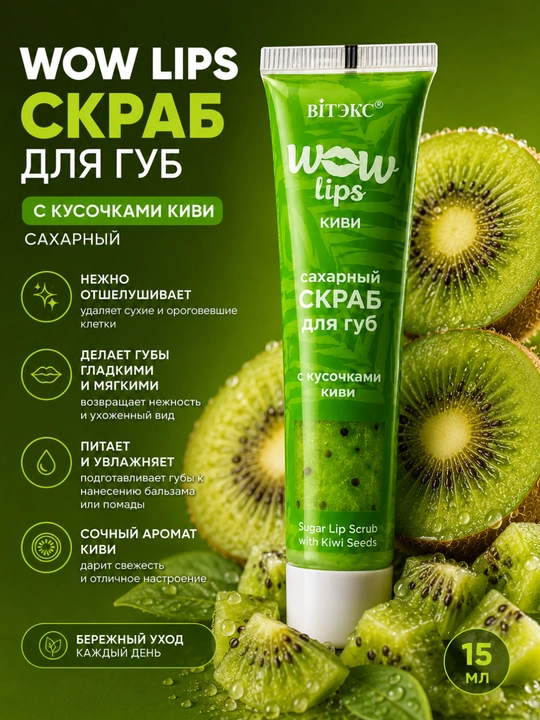 WOW LIPS lablar uchun skrab, kivi bo‘laklari bilan, shakarli, 15 ml, Vitex - 