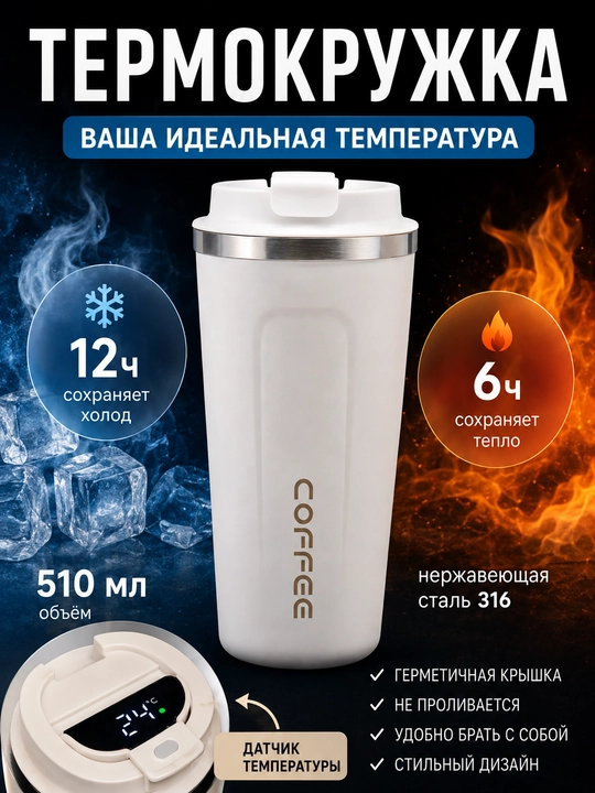 Термос для кофе и чая 500 мл, сохраняет тепло и холод, не проливается, для авто