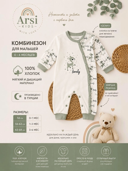 Комбинезон нательный Arsi KIDS, хлопковый, на кнопках, для новорожденных, Турция - 