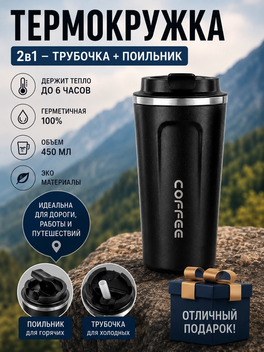 Термос для кофе и чая 500 мл, сохраняет тепло и холод, не проливается, для авто