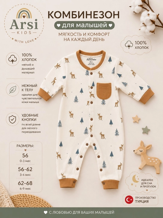 Комбинезон нательный Arsi KIDS, хлопковый, на кнопках, для новорожденных, Турция - 
