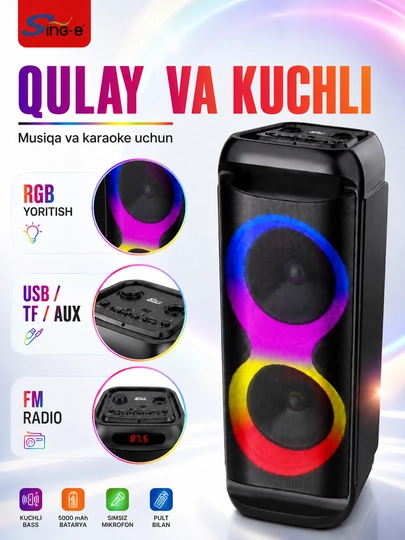 Караоке Bluetooth колонка Sing-e ZQS8288 8×2, 2 беспроводных микрофона, USB, TF, AUX - 