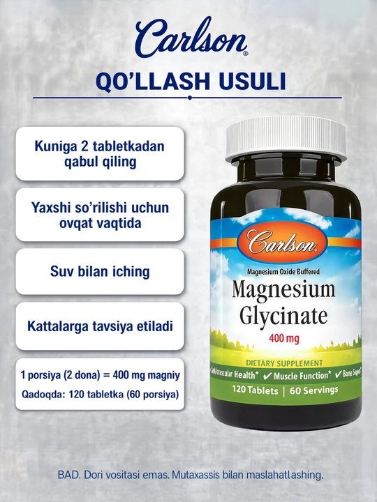 Carlson Magniy glitsinati 400 mg, mushaklar va asab tizimi uchun, 120 tabletka