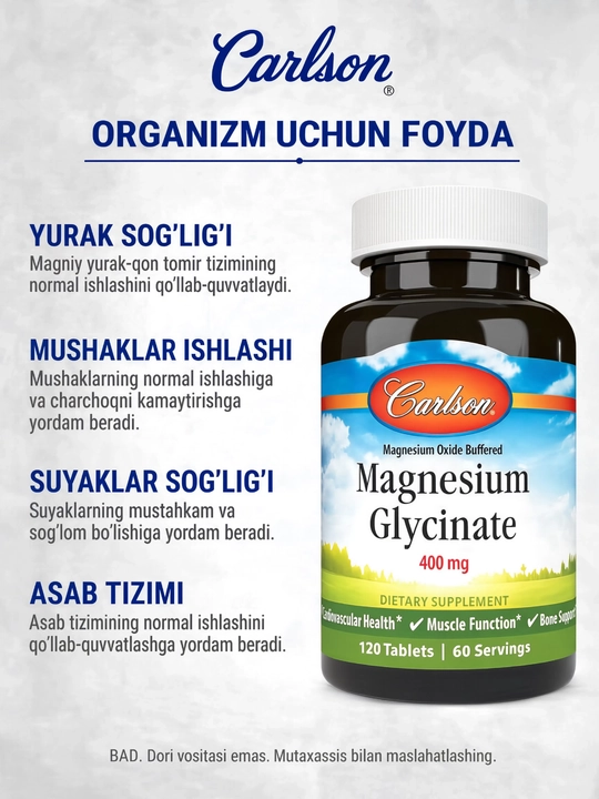 Carlson Magniy glitsinati 400 mg, mushaklar va asab tizimi uchun, 120 tabletka