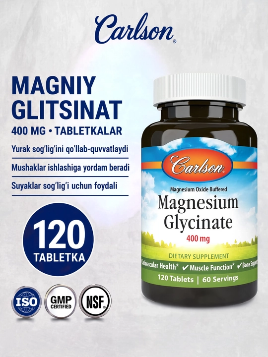 Carlson Magniy glitsinati 400 mg, mushaklar va asab tizimi uchun, 120 tabletka