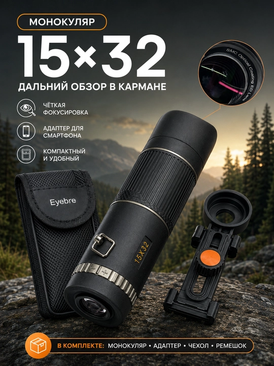 Монокуляр 15x32 с держателем для телефона, чехлом и ремешком для туризма - 