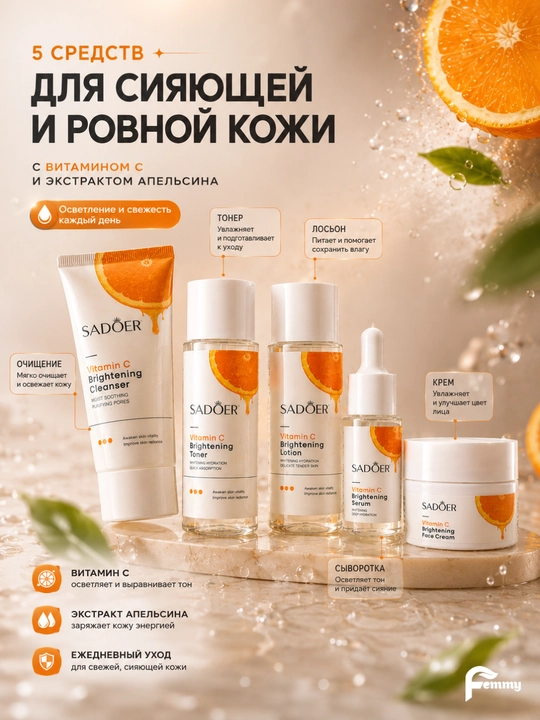 Набор для ухода за лицом, пенка, лосьон, тоник, сыворотка, крем для лица, набор SADOER