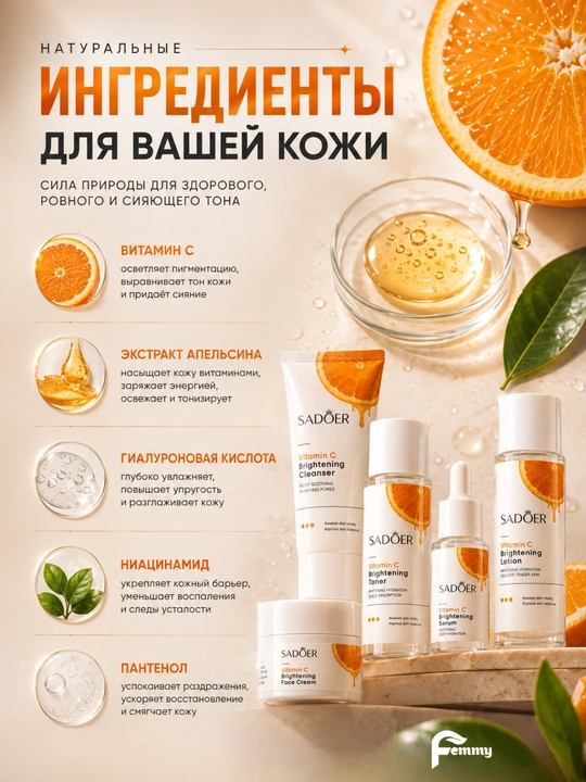Набор для ухода за лицом, пенка, лосьон, тоник, сыворотка, крем для лица, набор SADOER