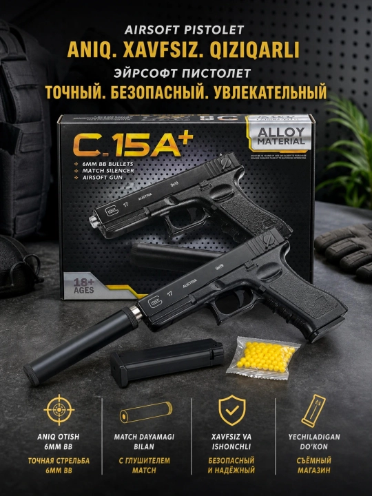 Glock metal pistolet glushitel bilan, 6mm sharikli o'yinchoq qurol - 