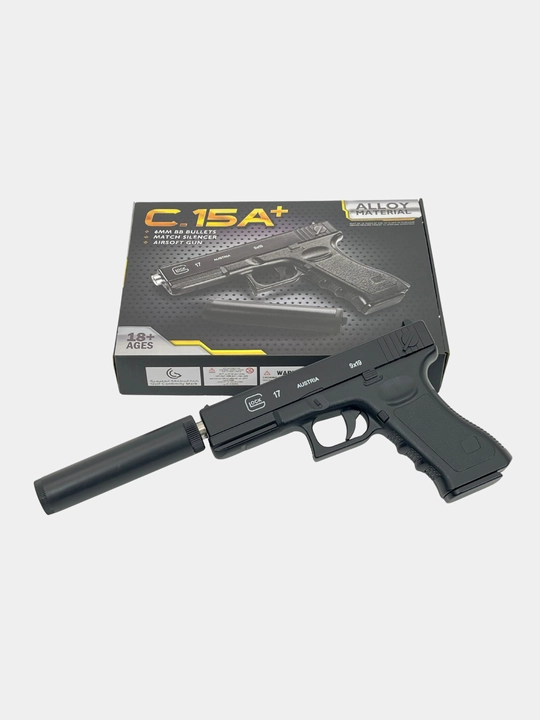 Glock metal pistolet glushitel bilan, 6mm sharikli o'yinchoq qurol