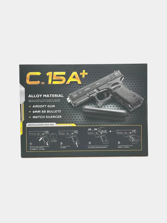 Glock metal pistolet glushitel bilan, 6mm sharikli o'yinchoq qurol