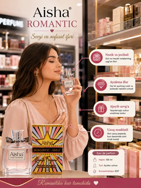 Aisha Romantic ayollar atiri, nafis gulli mevali, yoqimli va uzoq saqlanuvchi, 100 ml