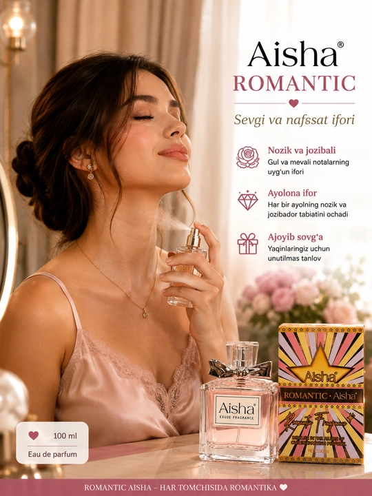 Aisha Romantic ayollar atiri, nafis gulli mevali, yoqimli va uzoq saqlanuvchi, 100 ml