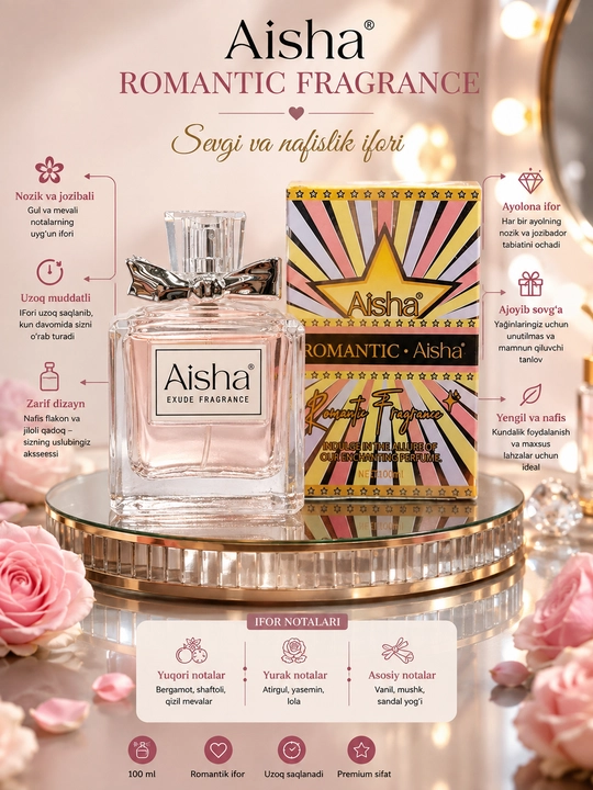 Aisha Romantic ayollar atiri, nafis gulli mevali, yoqimli va uzoq saqlanuvchi, 100 ml