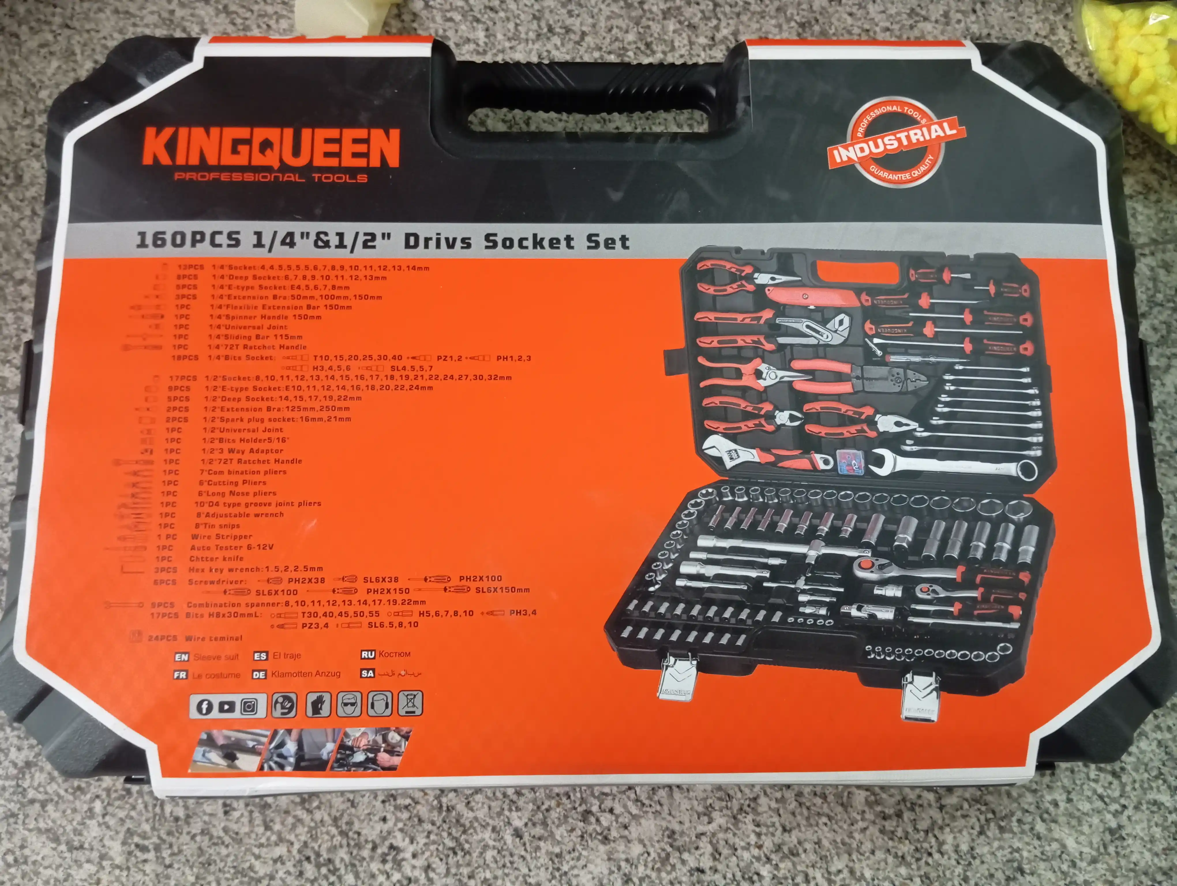 Набор инструментов KINGQUEEN 160 предметов, 1/4″ и 1/2″, трещотки 72 зуба