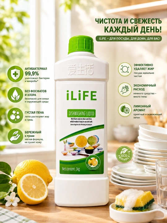 ILiFE idish yuvish suyuqligi, 1 kg, limon hidi, antibakterial formula, kundalik foydalanish uchun - 