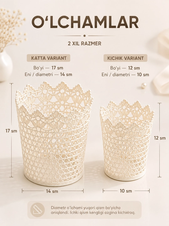 Dekorativ savat 2 xil o‘lcham, krujeva naqshli plastik organizer, uy uchun