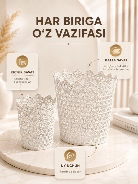 Dekorativ savat 2 xil o‘lcham, krujeva naqshli plastik organizer, uy uchun