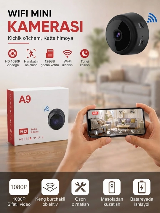Mini kamera A9, Wi Fi ulanish, 1080P HD - 