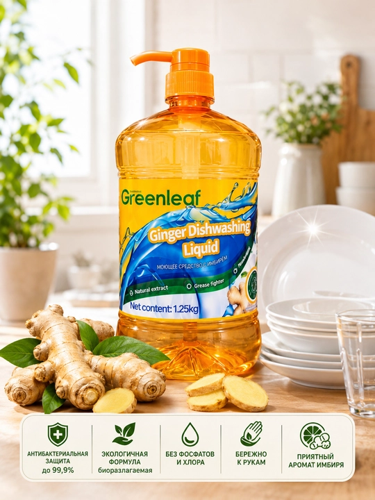 Greenleaf Ginger idish yuvish suyuqligi, zanjabil ekstrakti, 1,25 kg, pompa dozatori bilan - 
