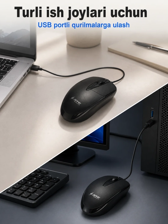 B-01 USB simli optik sichqoncha, 1,3 metrli kabel, qora