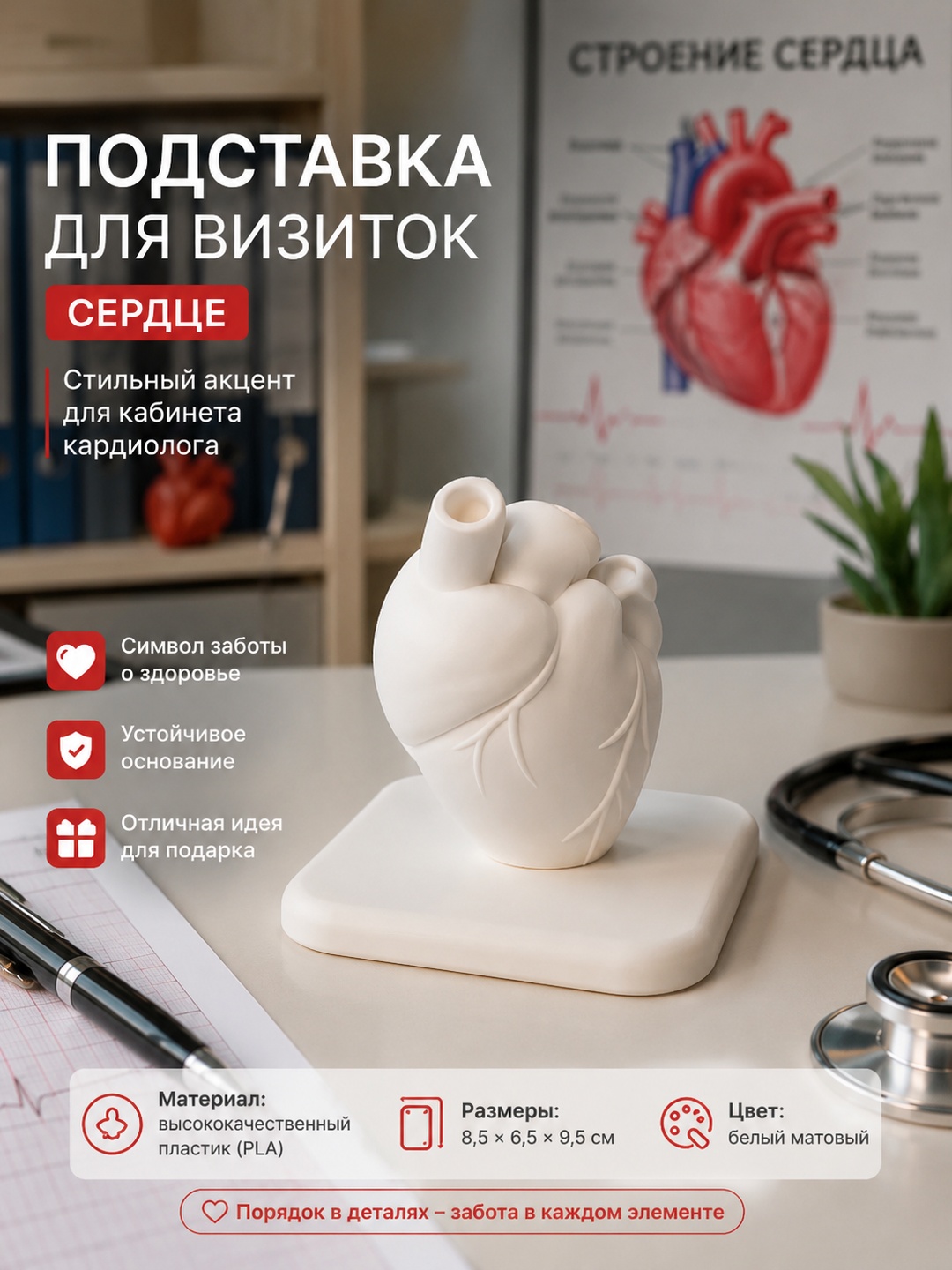 Подставка для визиток «Сердце» для врача, 3D-печать