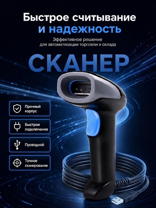 Shtrix-kodlar va QR-kodlarning 2D skaneri, Bluetooth va simli, do‘kon va kassa uchun rider - 
