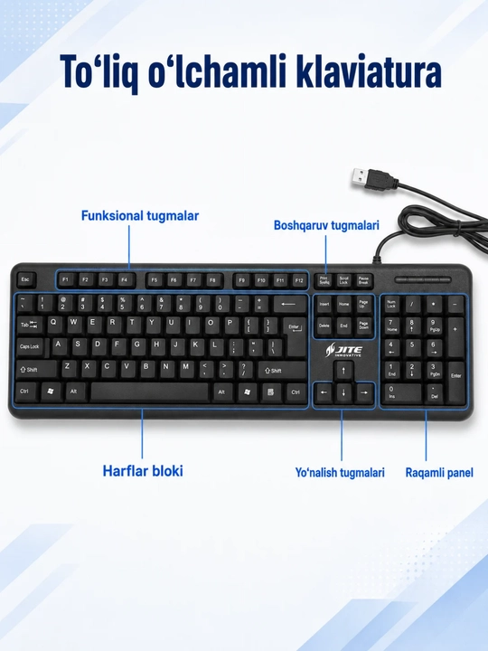 JITE KB-102 to‘liq o‘lchamli simli USB klaviatura, raqamli panel bilan