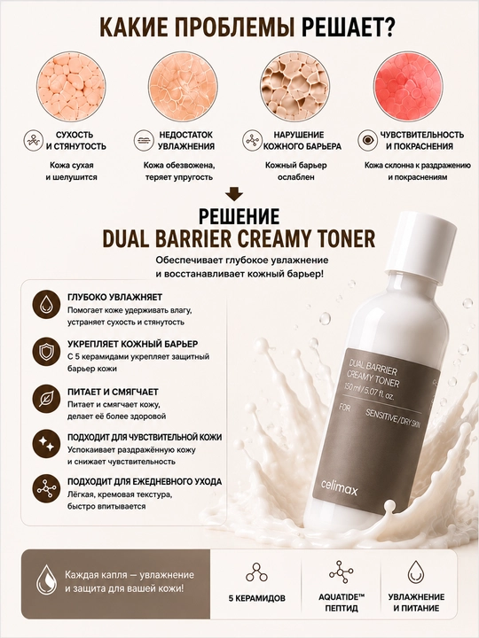 Кремовый тонер с 5 видами керамидов для восстановления кожного барьера, Dual Barrier Creamy Toner