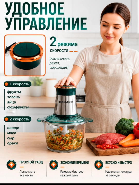 Измельчитель-чоппер BOMA, прозрачная стеклянная чаша 2л/3л (BM-7013/BM-7010) электрический