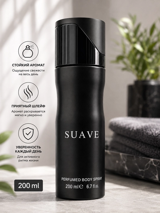 SUAVE парфюмированный дезодорант-спрей для тела, 200 мл, чёрный флакон на каждый день ухода - 