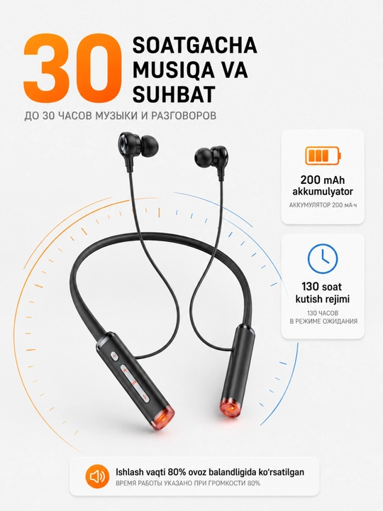 Беспроводные Bluetooth наушники Hoco ES72 шейным ободом микрофоном RGB-подсветкой 30 часов