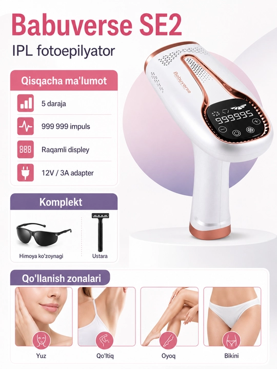 Babuverse SE2 IPL fotoepilyatori, 5 darajali, 999 999 chaqnashgacha