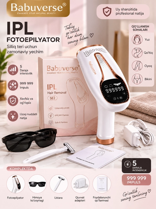 Babuverse SE2 IPL fotoepilyatori, 5 darajali, 999 999 chaqnashgacha - 