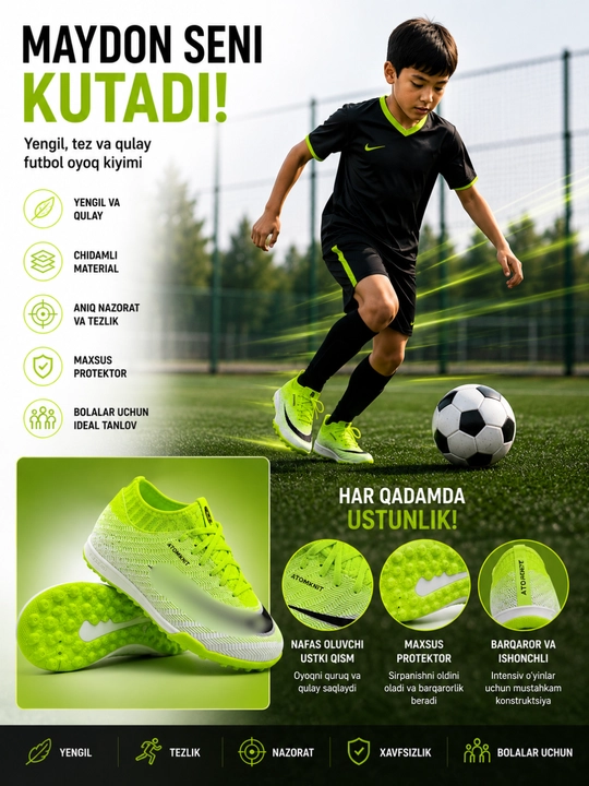 Yengil  futbol oyoq kiyimi, chidamli materiali, yaxshi himoyasi va to‘p nazorati uchun mos