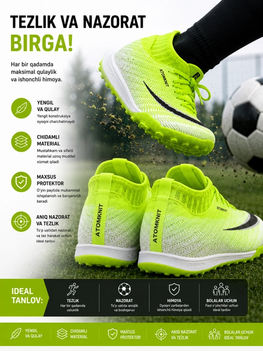 Yengil  futbol oyoq kiyimi, chidamli materiali, yaxshi himoyasi va to‘p nazorati uchun mos