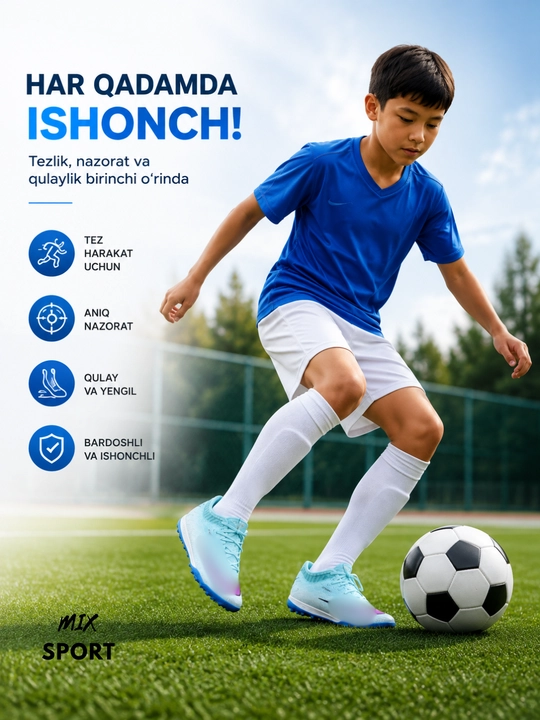 Yengil  futbol oyoq kiyimi, chidamli materiali, yaxshi himoyasi va to‘p nazorati uchun mos