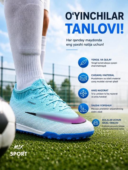 Yengil  futbol oyoq kiyimi, chidamli materiali, yaxshi himoyasi va to‘p nazorati uchun mos