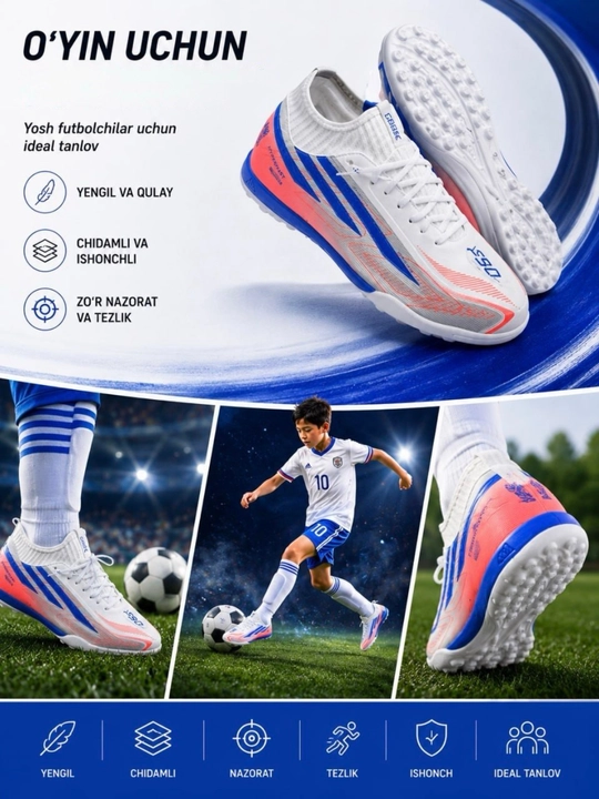 Yengil  futbol oyoq kiyimi, chidamli materiali, yaxshi himoyasi va to‘p nazorati uchun mos
