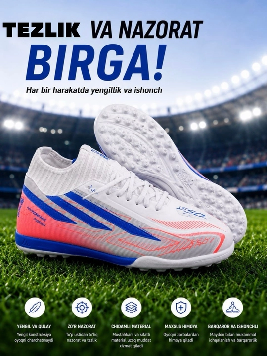 Yengil  futbol oyoq kiyimi, chidamli materiali, yaxshi himoyasi va to‘p nazorati uchun mos