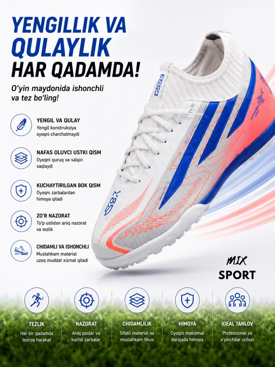 Yengil  futbol oyoq kiyimi, chidamli materiali, yaxshi himoyasi va to‘p nazorati uchun mos - 