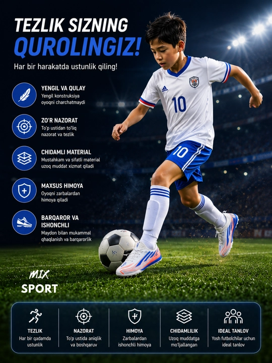 Yengil  futbol oyoq kiyimi, chidamli materiali, yaxshi himoyasi va to‘p nazorati uchun mos